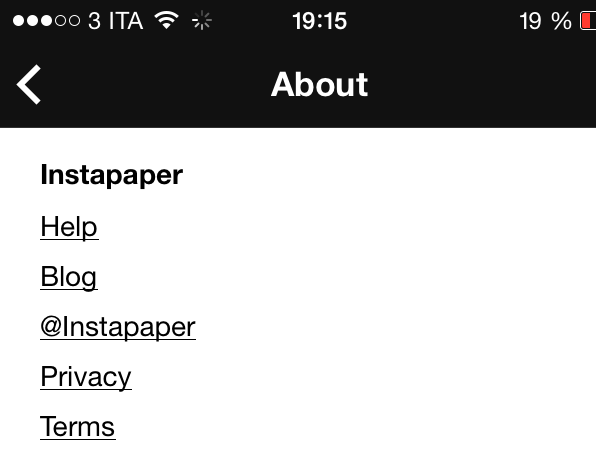 Instapaper's about Ansicht